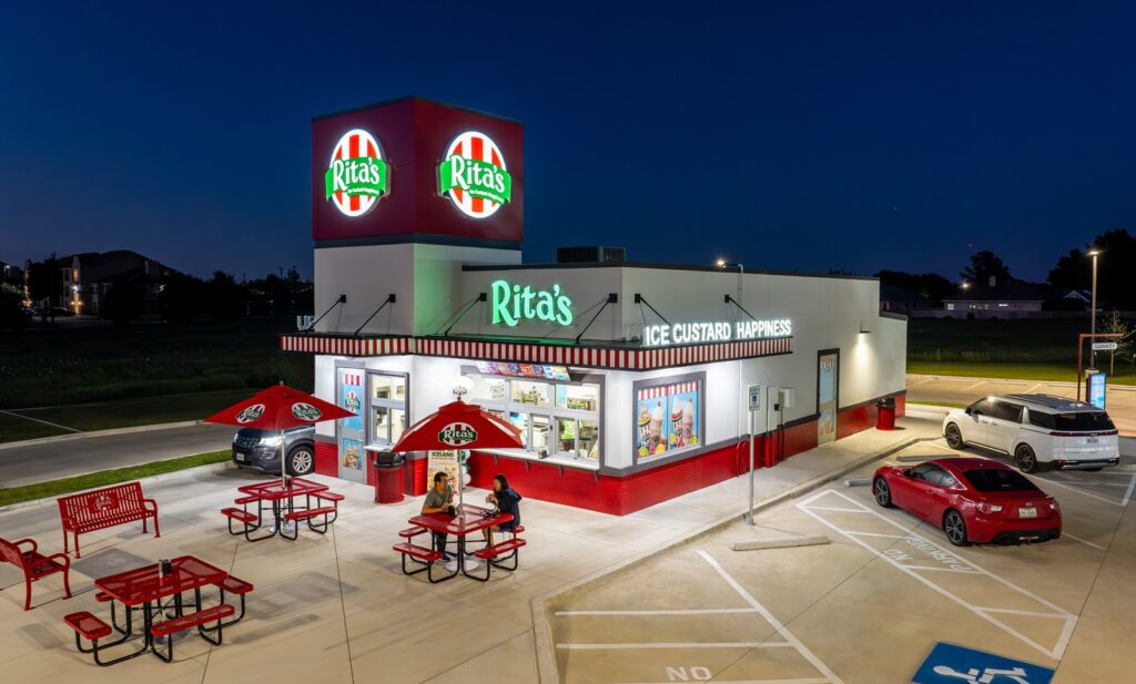 Rita's Italian Ice franchise exterior at night